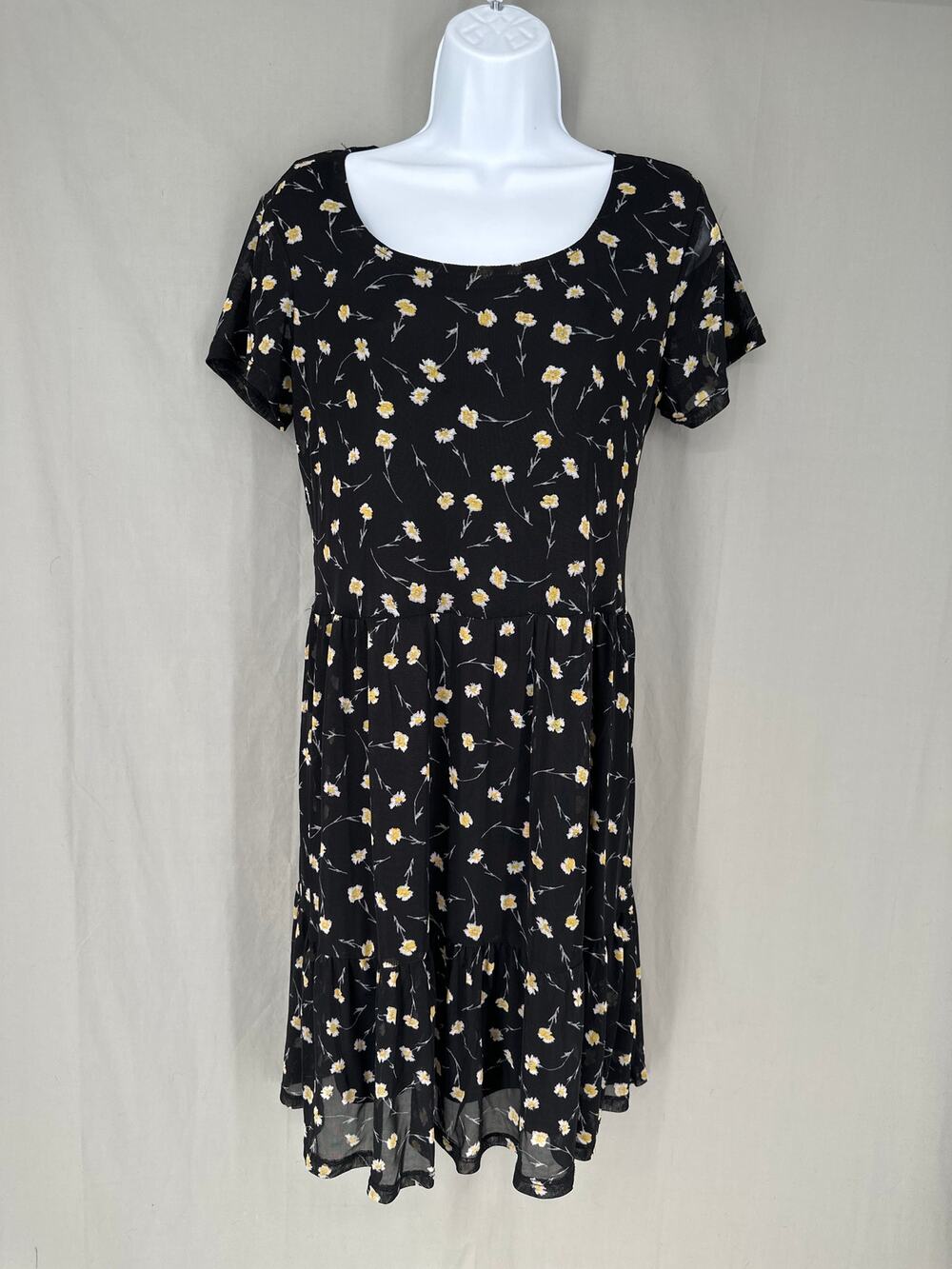 Jane Delancey Dress Womens Medium Black Yellow Floral Flowy Tiered Cottage Boho